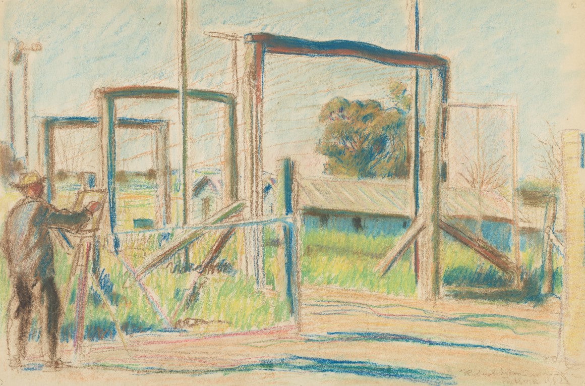 Robert-Hofmann-sketch-of-artist-painting-in-Tatura-camp-copyright-Estate-of-Robert-Hofmann-slider