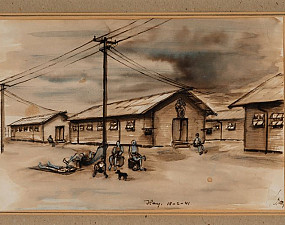 Untitled sketch of hut with men