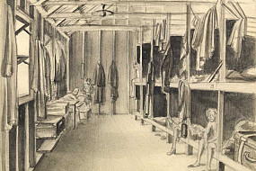 'Home, Sweet Home': A sketch of the camp barracks. Based on the date, Wittenberg likely drew this in Hay.