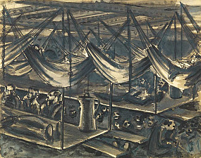 An Emil Wittenberg drawing depicting tables and hammocks.