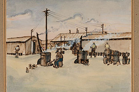 Untitled sketch of men outside huts