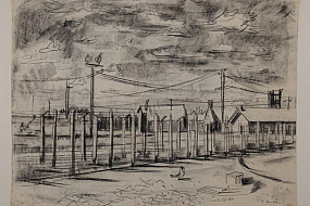 Sketch of camp with barbed wire and bird