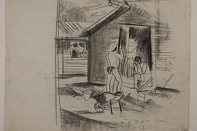 Sketch of men outside a hut