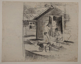 Sketch of men outside a hut