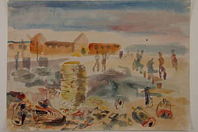 Watercolour of camp hut with refuse at fore