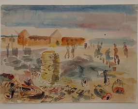 Watercolour of camp hut with refuse at fore